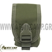 Smoke Grenade Pouch is designed to hold one smoke grenade but provide it with excellent cover from harsh weather and physical conditions.  Product Materials.   1000 Denier water and abrasion resistant lightweight ballistic 100% nylon material.  YKK nylon buckles for low sound closures.  High tensile strength nylon webbing.  High tensile strength composite nylon thread (stronger than ordinary industry standard nylon thread).  High grade closed cell foam padding material for superior shock protection.  Internal seams taped and finished.  All Stress points double stitched, Bartacked or "X Box" stitched for added strength SHE-1035 Smoke Grenade Pouch