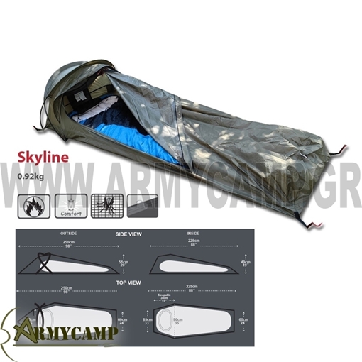 BIVVY BAG - ΣΚΗΝΗ SKYLINE ΧΑΚΙ 16005 alpin Η Skyline της Alpintec είναι μια αδιάβροχη bivvy bag 920 gr με αδιαβροχοποιηση 5000/8000 και υλικό 40D που την κάνει κορυφαία στην κατηγορία. Η σκηνή είναι πολύ σταθερή σε ισχυρούς ανέμους και ζυγίζει λιγότερο από 1 κιλό. Εμπνευσμένο από τα στρατιωτικού τύπου bivouacs, ο σχεδιασμός του σταυρωτών μπανέλων είναι καλοσχεδιασμένος. Με δύο μπανέλες ανεξάρτητες και γρήγορες στο στήσιμο. Η σκηνή είναι πολύ σταθερή σε ισχυρούς ανέμους και ζυγίζει λιγότερο από 1 κιλό. Ο θόλος γύρω από το κεφάλι και τους ώμους κάνει τον Skyline ένα πολύ άνετο bivvy bag. Ο θόλος και η αυξημένες διαστάσεις της Skyline σας επιτρέπουν άνετη αναπνοή και κίνηση ενώ παρέχει προστασία από τα στοιχεία της φύσης. Η είσοδος διαθέτει κουνουπιέρα, η οποία μπορεί να τυλιχτεί όταν δεν χρησιμοποιείται και πλευρικό φερμουάρ μήκους 3/4 για εύκολη πρόσβαση. Υπάρχει επίσης ένας αεραγωγός καλυμμένος με πλέγμα πίσω από την περιοχή της κεφαλής για βελτιωμένη κυκλοφορία αέρα. Η απόδοση του Skyline σε υγρό καιρό είναι κοντά σε εκείνη μιας κανονικής σκηνής, καθώς ο θόλος βελτιώνει την απορροή του νερού. Το ανθεκτικό νάιλον 40D & 70D είναι πιο ανθεκτικό από το υλικό που χρησιμοποιείται συνήθως σε εξαιρετικά ελαφριές σκηνές σακιδίων, ώστε να γνωρίζετε ότι δεν θα σας απογοητεύσει. bivvy-bag-tent-skyline ALPINTEC 16005 COD