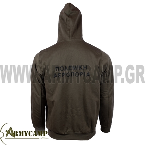 ΦΟΥΤΕΡ ΚΟΥΚΟΥΛΑ ΠΟΛΕΜΙΚΗΣ ΑΕΡΟΠΟΡΙΑΣ ΦΟΥΤΕΡ ΚΟΥΚΟΥΛΑ ΠΟΛΕΜΙΚΗΣ ΑΕΡΟΠΟΡΙΑΣ ΔΥΟ ΕΞΩΤΕΡΙΚΕΣ ΤΣΕΠΕΣ ΚΕΝΤΗΜΑ ΣΤΟ ΣΤΗΘΟΣ ,ΠΛΑΤΗ ΠΟΥΛΑΔΑ ΒΑΤΡΑΧΑΝΘΡΩΠΩΝ ΚΑΙ ΣΤΟ ΜΑΝΙΚΙ ΣΗΜΑΙΑ  ΣΥΝΘΕΣΗ 50% ΒΑΜΒΑΚΙ - 50% ΠΟΛΥΕΣΤΕΡ HOODED SWEATSHIRT HELLENIC AIR FORCE TWO EXTERNAL POCKETS EMBROIDERY LOW  VISIBILITY PATCHES 50% COTTON / 50% POLYESTER COLLAR & CUFFS & BOTTOM HEM IN 1x1 RIB WITH ELSASTANE OLIVE COLOR