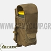 ΘΗΚΗ ΜΟΝΗ ΚΡΟΤΟΥ ΛΑΜΨΗΣ καπνού τύπου M18 The pouch is designed to safely carry M18-type smoke grenades and other similar things. The pouch is closed with a simple hook & loop flap that ends with a non-slip grip. The flap's height can be adjusted via hook & loop, allowing it to fit grenades of different heights. Additionally, the pouch is equipped with an elastic drawstring with a one-hand adjustable stopper, allowing further stabilization of the carried items. The pouch is mounted using a modular system compatible with the MOLLE/PALS system.