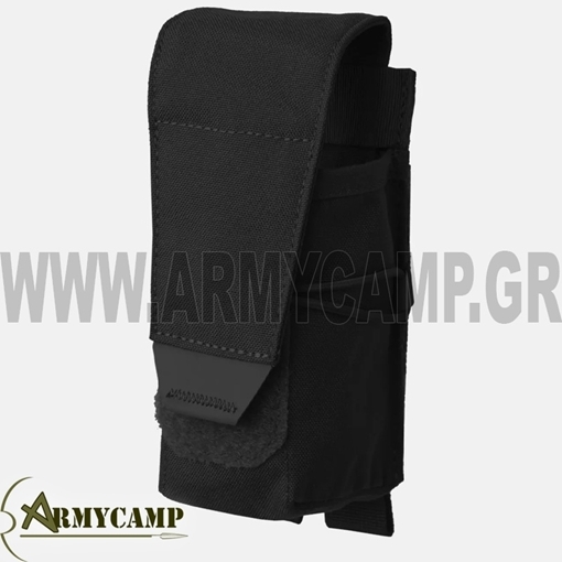 ΘΗΚΗ ΜΟΝΗ ΚΡΟΤΟΥ ΛΑΜΨΗΣ καπνού τύπου M18 The pouch is designed to safely carry M18-type smoke grenades and other similar things. The pouch is closed with a simple hook & loop flap that ends with a non-slip grip. The flap's height can be adjusted via hook & loop, allowing it to fit grenades of different heights. Additionally, the pouch is equipped with an elastic drawstring with a one-hand adjustable stopper, allowing further stabilization of the carried items. The pouch is mounted using a modular system compatible with the MOLLE/PALS system.