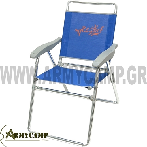 Αλουμινένια καρέκλα κήπου myResort “Campus” σε μπλε χρώμα, σχεδιασμένη για άνεση και αντοχή σε εξωτερικούς χώρους. Κατάλληλη για κήπο, βεράντα, κάμπινγκ ή επαγγελματική χρήση. Διαθέτει ενισχυμένη κατασκευή 2×1 και σωλήνα διαμέτρου Ø25mm για αυξημένη σταθερότητα. Το υψηλότερο κάθισμα την καθιστά ιδανική για ηλικιωμένους, προσφέροντας ευκολότερη χρήση και άνεση όταν σηκώνεστε. karekla-paralias-spasti-alouminiou-ilikiomenon-mple-to-ypsilotero-kathisma-tin-kathista-idaniki-gia-ilikiomenous-baros-mexri-100-kila aluminium-garden-armchair-blue-text-reinforced 141-6814 campus resort